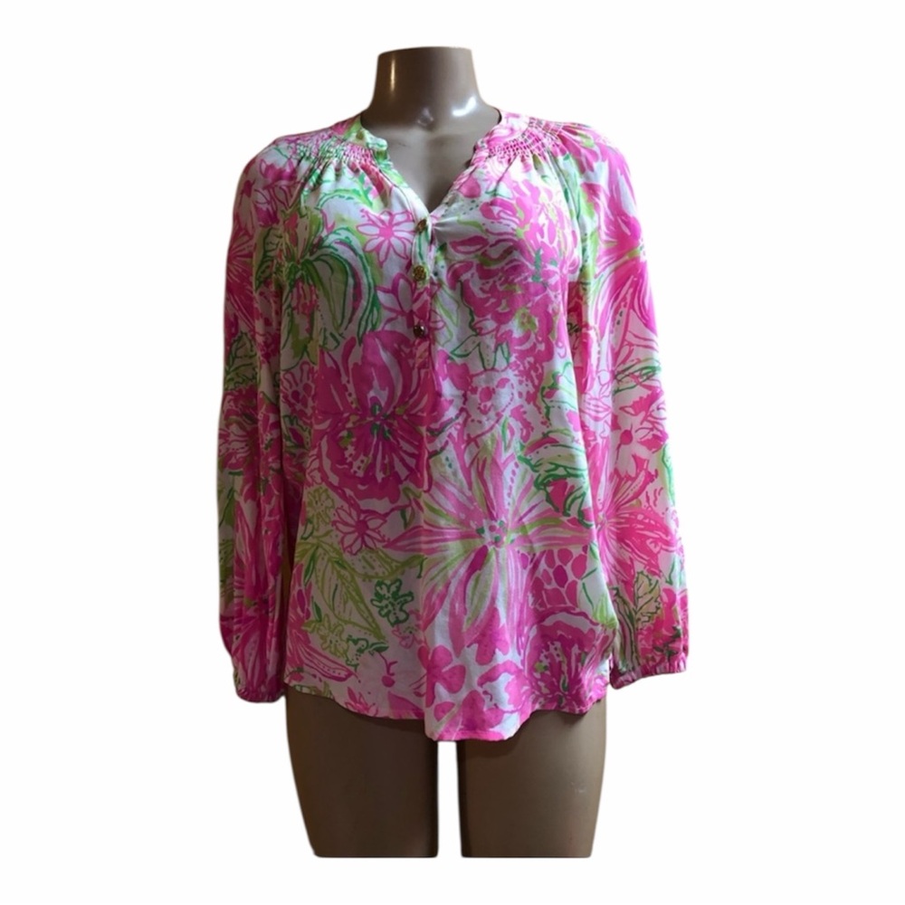 Lilly putlizer Floral V-Neck Peasant Blouse - Pink & Green
